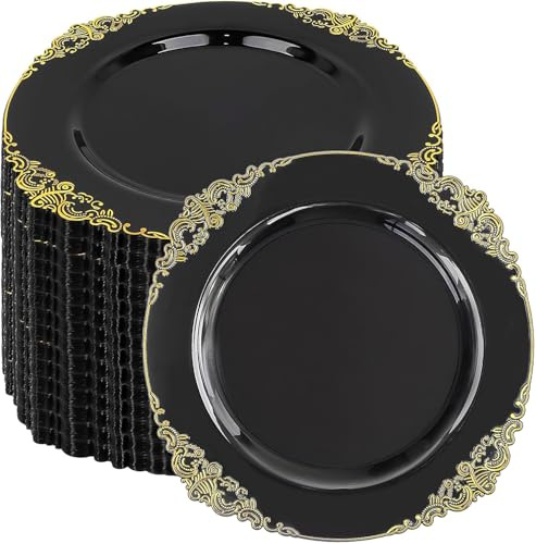 KDXBQ 100 Pcs Plastic Plates Plastic Dinner Plates with Gold Rim 19 cm Party Plate for Weddings Upscale Parties Thanksgiving Tableware (Black Gold)