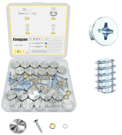 Fangyan 20PCS 20mm Mirror Screw Cover Caps, 304 Stainless Steel Decorative Glass Fixing Screws with Copper Washers & Rubber Rings for Bathroom Mirrors, Wall Signs & Furniture