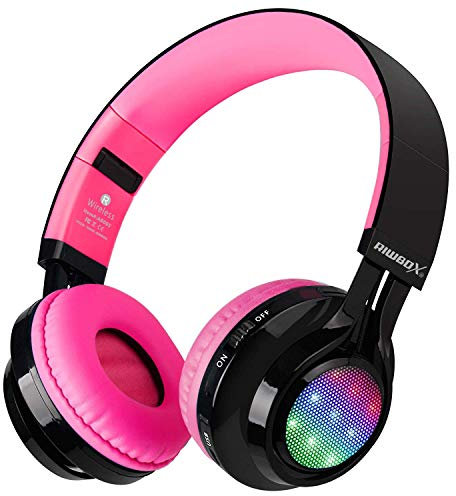 Riwbox Bluetooth Headset, AB005 Wireless Headphones 5.0 with Microphone Foldable Headphones with TF Card FM Radio and LED light for Cellphones and All Bluetooth Enabled Devices (Black&Pink)