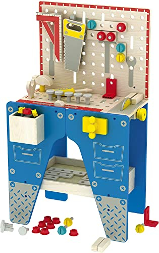 Leomark 2in1 Holz Werkbank für Kinder – Kinderwerkstatt mit 74 Zubehörteilen, Werkzeugbank & Werkstation, Lernspielzeug ab 3 Jahren, Höhe 80,5 cm – Holzspielzeug zum Schrauben & Bauen