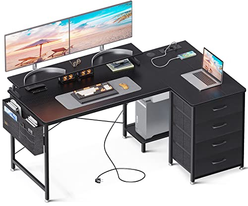 ODK Escritorio Esquinero con 4 Cajones, Escritorio en L Reversible con 2 Puertos de Carga USB y 2 Enchufes, Mesa en L con Estante para Monitor para Oficina en Casa (Nero, 140x80x84.7cm)