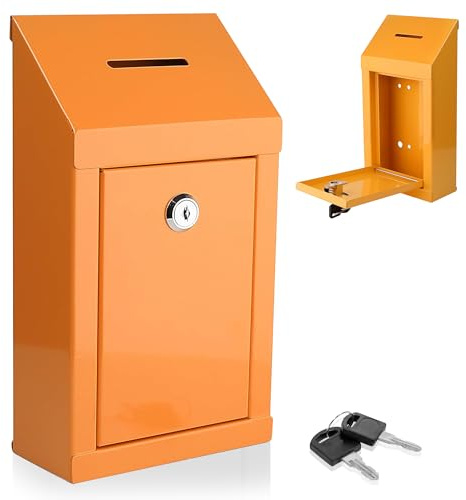 Metall-Spendenbox für Wohltätigkeitsorganisationen, Stahl, Sammelbox mit Vorschlagschlitz und Schloss, inklusive Schlüsseln, Wandmontage mit vorgebohrten Löchern, 25,4 x 15,2 x 6,3 cm (Orange)