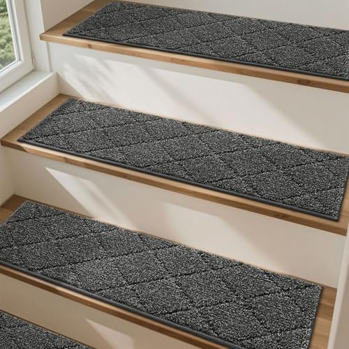 COSY HOMEER Tappetini Per Gradini Interni, 70 x 22 cm, 15 Pezzi, Autoadesivi Tappeto Per Scale Antiscivolo Retro in TPE Lavabili in Lavatrice 100% Poliestere Per Bambini Anziani e Cani, Nero
