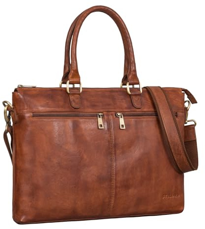STILORD Bailey Business Laptop Bag Leather 15 inch Large for Work Office Meeting Vintage Notebook Bag Shoulder Bag Trolley Attachable Colour:Brandy - Cognac