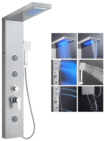 KEOKBON Colonna Pannello Doccia Torre - Cascata, Soffione Doccia a Pioggia, Doccetta, 3 Getti Corpo (2 Modalità) e Beccuccio per Vasca da Bagno a Cascata, Sistema Set Colonna Doccia 6 in 1 Nero con