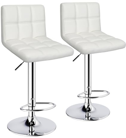 ERGOSEAT Bar Stools Set of 2,Armless Adjustable Swivel Barstools with Back,6-Squares Double Needle PU Leather Counter Height Bar Stools for Kitchen Island,White