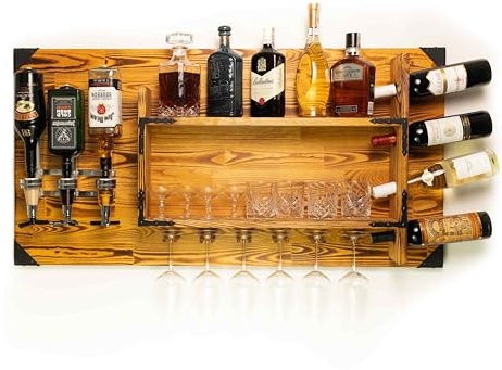 Creative COOPER Trähylla med dryckesdispenser | väggdispenserstation för 3 flaskor | 120 x 60 x 14 cm | vintage och rustik | whisky, gin, snaps | väggbar för vardagsrum (ek)