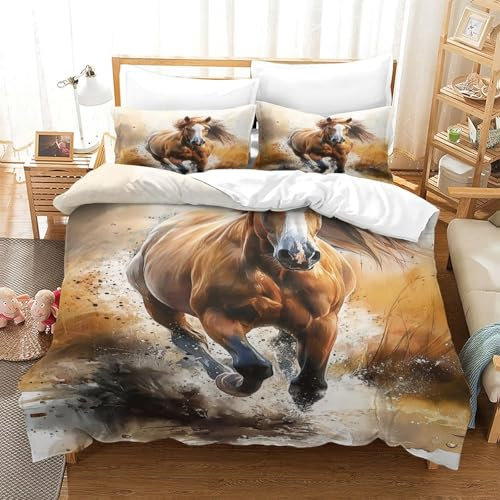UFAZEHDNS Horse Bettbezug Set Bettwäsche Kinderbettwäsche Reißverschluss Mit Kissenbezug Betten Set Für Jugendliche Kinder Schlafzimmer Single（140x200cm）