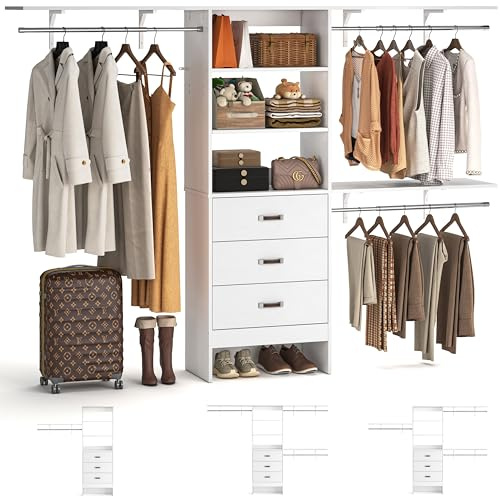8FT Closet System, 96'' Closet Organizer System with 3 Hanging Rods, Wall Mount Bedroom Wardrobe with 3 Drawers Walk-in Closet, Adjustable Cloth Garment Rack from 5 to 8FT (Cut to Fit), White