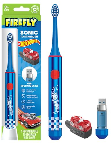 Firefly Slim Sonic Hot Wheels Toothbrush with USB Charging and Antibacterial Cover, Ages 3+, 1 Count