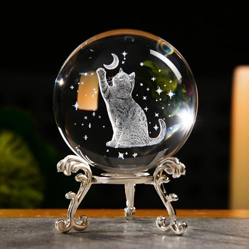 ZRENJHUS 3D-Katzengeschenke für Frauen, Kristallkugel für Katzenliebhaber, Katze, Mond, Stern, Geschenke mit Ständer, Briefbeschwerer, 60 mm, Glaskugel, Dekoration, Katzenkugel, Geschenke für Frauen