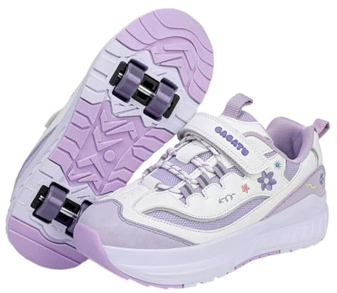 Surwin Chaussures roulettes Enfant, Fleur Broderie Chaussures de Skateboard Fille Garçon avec 4 Roues Basket à roulettes 2 en 1 Sneakers Roller Respirant Skateboarding Shoes