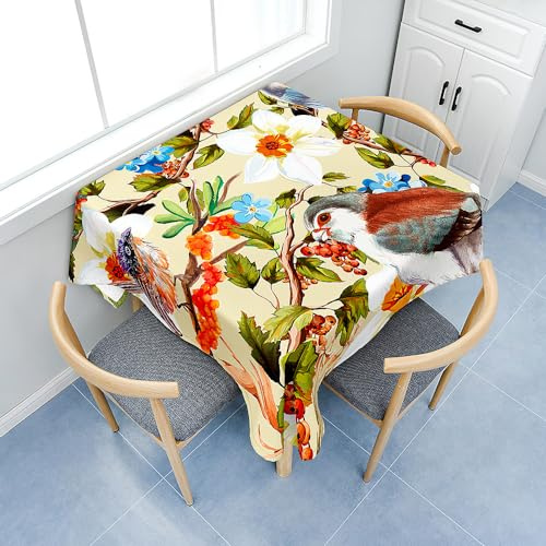 Fasbuy Tischdecke Abwaschbar Quadratisch Tischdecken mit Tischtuchklammern, Tischtuch aus Polyester mit Lotuseffekt, Vogel Baum Drucken Tischwäsche für Küche (Beige,120x120cm)