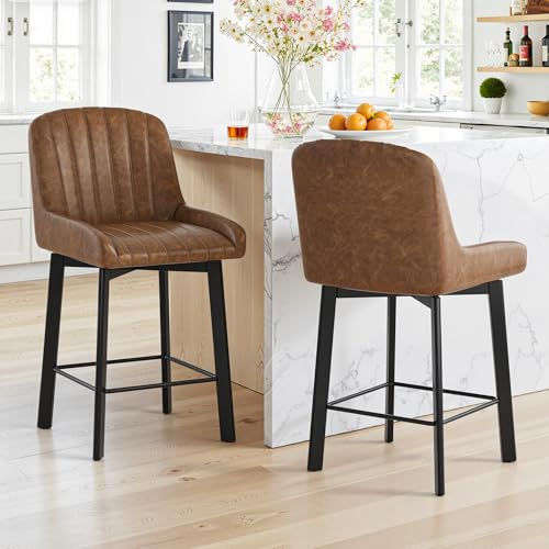 BonVache Juego de 2 taburetes de Bar, Silla de Bar giratoria 360°, Estructura de Metal Estable, Cuero sintético, pies Ajustables, Silla de Cocina con Respaldo para Isla de Cocina, Barra y Barra de
