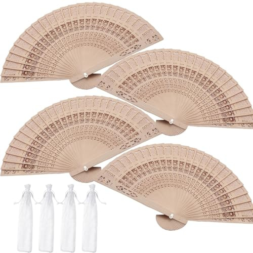 Nasxkji 4 Pcs Wooden Hand Fans Folding Hand Fans Vintage Sunflower Fragrant Wooden Folding Fan with Organza Bags for Cooling DIY Decoration Wedding Party