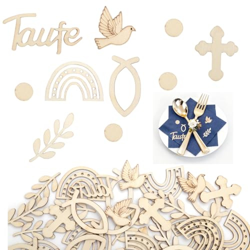 WOKICOR Décoration Baptême 120 pièces Bois, Décoration Table Baptême Garçon & Fille, idéale pour Communion, Confirmation, Baby Shower, décoration à disperser, DIY à Peindre avec Ruban Blanc 1cm×22m