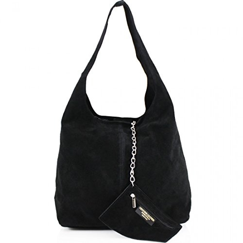 AMBRA Moda Damen Ledertasche Shopper Wildleder Handtasche Schultertasche Beuteltasche WL818 (Schwarz)