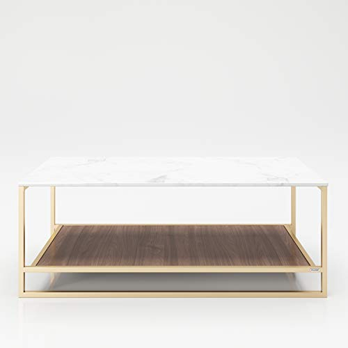 PLAYBOY Stauraum Couchtisch mit 2 Ablagen, Nussbaumdekor, Marmoroptik, gold matt lackiertes Metallgestell, Wohnzimmertisch mit Ablage, Marmortisch, Retro-Design, Club-Stil für Wohnzimmer & Lounge, 120 x 45 x 60 cm