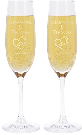 Herz & Heim® Sektgläser mit Gravur zur Hochzeit mit Wunschnamen und Datum Eheringe im Herz
