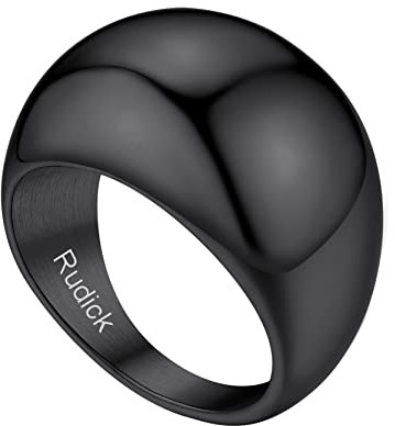 Personalisierter Einfacher Konvexer Band Ring mit Wunsch/Namen Gravur Edelstahl 16mm breit Schlichter Polierter Siegelring Dünne Stapelbare Fingerring für Damen Frauen Ringgröße 62.1（19.8） in Schwarz