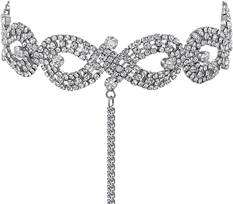 JewelryWe Schmuck Damen Choker Halskette Elegant Funkelnde Strass Infinity Unendlichkeit Zeichen Braut Hochzeit Kette Halsband mit Lange Quaste Anhänger Geschenke Silber/Gold