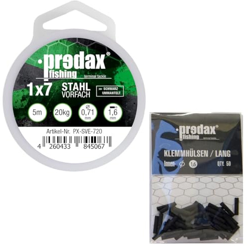 Predax Stahlvorfach 1x7 schwarz 5m 20kg + 50 Klemmhülsen 1,6mm - Set, Angelset, Vorfach zum Angeln auf Zander & Hechte