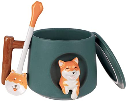 Linda taza Shiba Inu con tapa y cuchara | Perros Taza de café | Gres | 380 ml | Color: Verde azulado