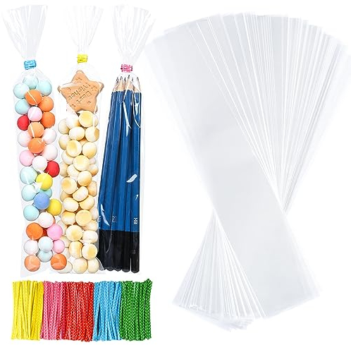 GWHOLE 300 Stück Cellophantüten Klein Süßigkeiten Tüten Opp Geschenktüten Transparent Zellophantüten Durchsichtige Klarsichttüten Kerzen Verpackungstüten mit 320 Twist Krawatten, 25 x 5 cm
