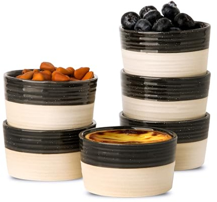 Hasense Porcelain Ramekins Set of 6, 3 Oz Oven Safe Mini Bowls, Black & Ash Gray Ramekins for Creme Brulee, Souffle, Dipping & Desserts, Farmhouse Kitchen