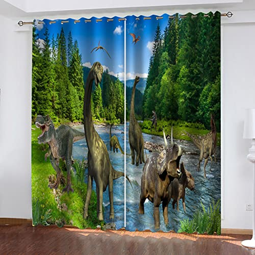 MAYNUO Blickdichte Vorhänge Mit Motiv 3D Grünes Tier Dinosaurier Kinder Gardinen Blickdicht Ösen Gardine Thermo 264x214 cm Schlafzimmer Kinderzimmer Vorhänge Dekoratives Muster, Verdunklungsvorhänge
