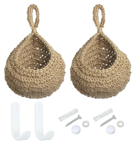PATIKIL Hanging Fruit Baskets for Kitchen, 2 Pack Large Size Teardrop Home Decor Storage Hand-Woven Wall Hanging Basket for Garlic Potato Vegetable, Brown