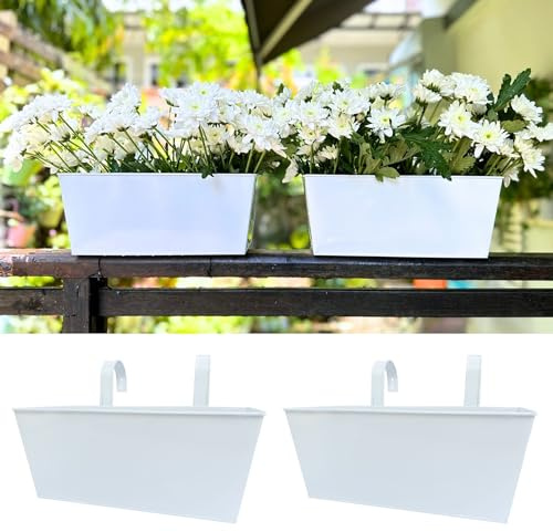 LalaGreen - Macetas rectangulares de metal blanco para ventanas (2 unidades, 12 pulgadas), con agujeros de drenaje, macetas colgantes de pared de fresa, para balcón, terraza, barandilla, valla,