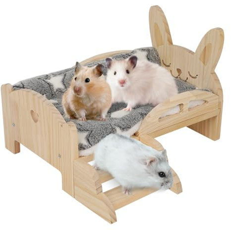 Sparklenut Meerschweinchen Hängematte Holz mit Kaninchenbett, Versteck und Treppen - Fleece Plüschbett für Meerschweinchen und Kaninchen (1x Holzbett + 1x Graues Plüschbett)