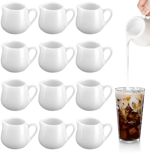 Rppiup 12 PCS Small Milk Jug, White Ceramic Milk Jug, Mini MilkJug, Small Gravy Jug, Reusable Milk Frothing Jug, Porcelain Syrup Server for Coffee Sauces and Creamer (50 ML with Handle)