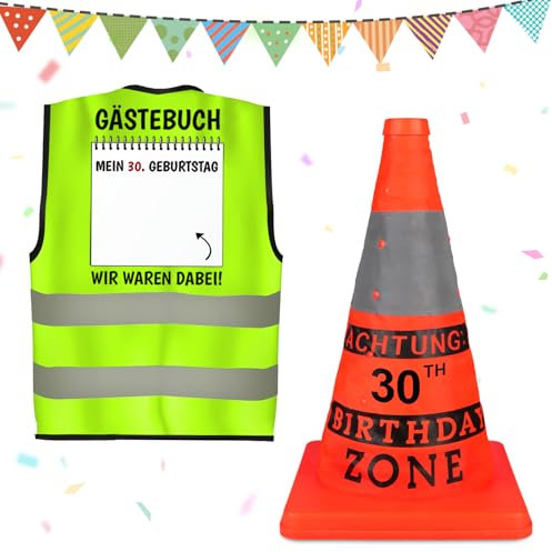 Giftota Original 30 Geburtstag Geschenk 2 Stück, Sicherheitskegel und Weste mit Grußkarte 30 Geburtstag Männer, Geburtstagsgeschenk 30 Mann Partyzubehö, Lustige Party Dekoration für Frauen & Männer