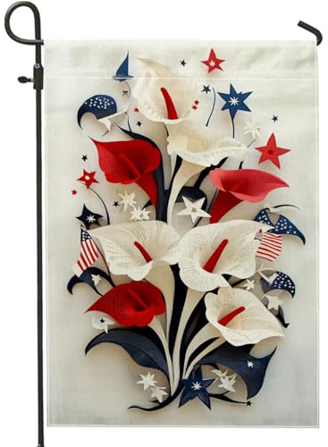 Bandera de jardín de lirio de cala roja, blanca y azul, bandera patriótica de flores de verano para decoración del hogar, bandera de arpillera de doble cara para decoración al aire libre del Día de la