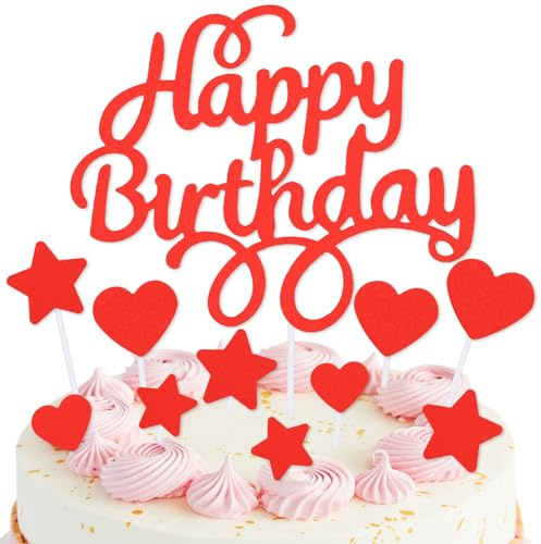 Rote Herzlichen Glückwunsch zum Geburtstag Kuchen Toppers,Rote Geburtstagsdekorationen Mädchen Frauen,Personalisierte Kuchen Toppers Glitter Kuchen Topper Cupcake Topper für Party Kuchen Dekoration