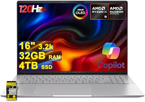 ASUS Vivobook S16 AI Laptop 16 3.2k OLED 120Hz (600nits 100% DCI-P3) AMD 10-core Ryzen AI 9 365 (fino a 50 top) 32GB RAM 4TB SSD per Creator Designer Business Professional Win11 ICP Hub/Copilot+AI