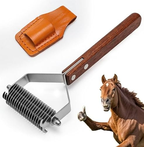 Fernlandia Toilettage Cheval Brosse, Toilettage Massage Brush Cheval avec Porte-Peignes en Cuir,Convient aux Chevaux, Chats, Chiens (Manche en Bois)