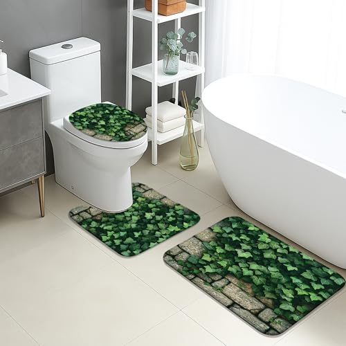 Juego de 3 alfombrillas de baño de hojas de hiedra, con diseño de vides verdes naturales, absorbentes, antideslizantes, en forma de U, lavables, de espuma viscoelástica de secado rápido