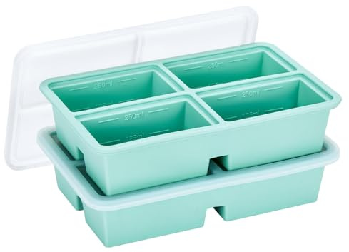 2 Pack Extra Large Soup Containers for Freezing, Silicone Cube Soup Freezer Mould with Lid, Meal Prep Soup Storage Containers, Large Ice Cube Tray for Sauce, 4-Compartment Freezer Container,Green