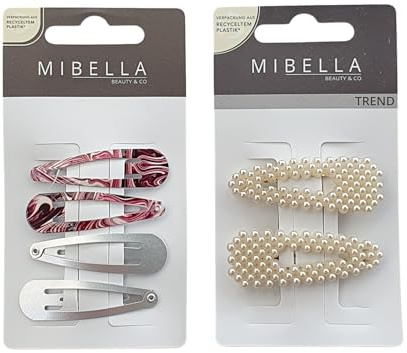 Mibella Beauty & Co Haarspangen-Set, 6 Stück, Perlen und Grunge Design, Silber und Burgunderrot, Haarschmuck - 28601/611