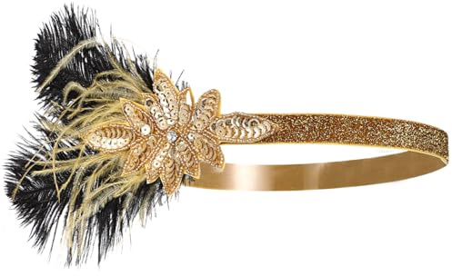 FONDOTIN Vintage Flapper Stirnband mit Goldenen Federn und Glitzersteinen Elastisches Haar Accessoire für Damen Passend für Jahre Partys Hochzeiten und Kostümfeiern