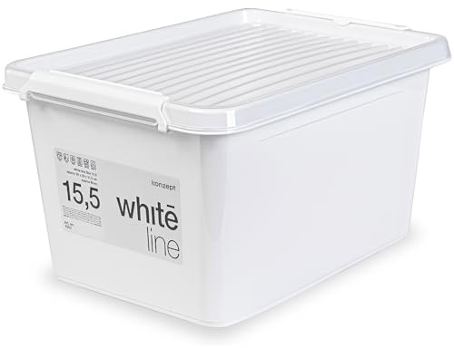 KONZEPT 15,5 L Aufbewahrungsbox mit Deckel und stabilen Clips – Stapelbar, robust & in elegantem Weiß – Ideal für Kleidung, Spielzeug & Lebensmittel