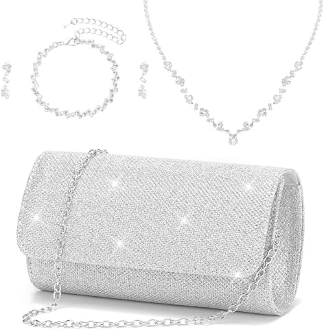 ZHITENG Sac à Main Argenté, Un Collier en Argent, un Bracelet et une Paire de Boucles D'oreilles, Etincelant Pochette Mariage, Sac de Soirée élégant Argenté pour Dîner dansant d'anniversaire