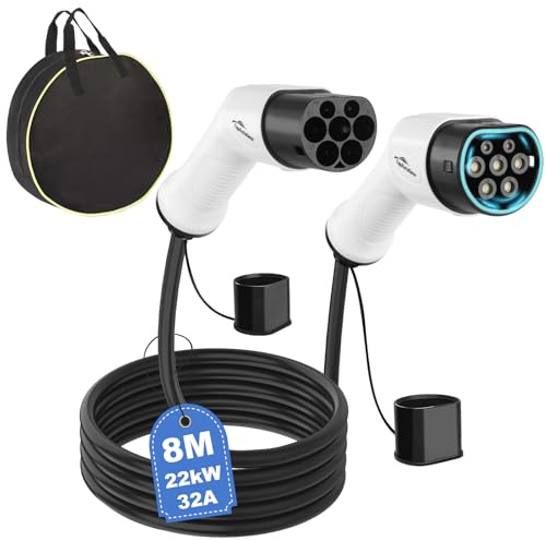 TopAutoGear Câble de Recharge Type 2 22 KW 8 m 32 A triphasé Mode 3 avec Housse de Transport, pour véhicules électriques et Hybrides Rechargeables, Compatible Type 2 ou CCS 2, IP65