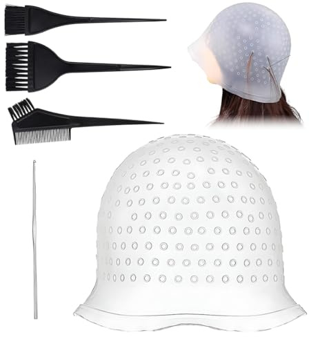 GILWUMO 1 Set de Kit de Bonnet de Coloration Capillaire, Bonnet de Coloration en Silicone à Trou pour Mèches, avec Pinceau et Aiguille, Adapté pour Femmes et Filles (Blanc)