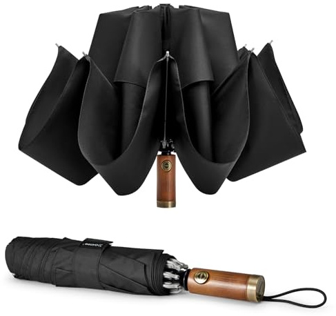 G4Free 54 Inch Inverted Windproof Umbrella with Wooden Handle, Large Automatic Golf Umbrella with Double Canopy, Folding Umbrella Compact for Car & Backpack, Black