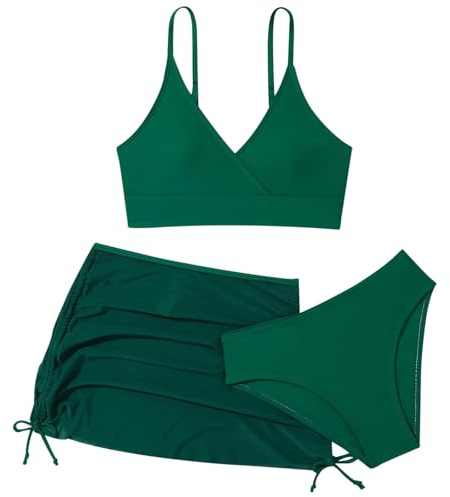 2026 - Conjunto de bikini envolvente de 3 piezas para niña con falda fruncida, verde oscuro, 13-14 años