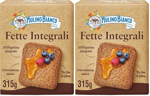 Mulino Bianco Fette Biscottate Integrali, Spesse, Croccanti e Friabili, Senza Olio di Palma, Colazione Ricca di Fibre e Gusto, 315 g (Confezione da 2)